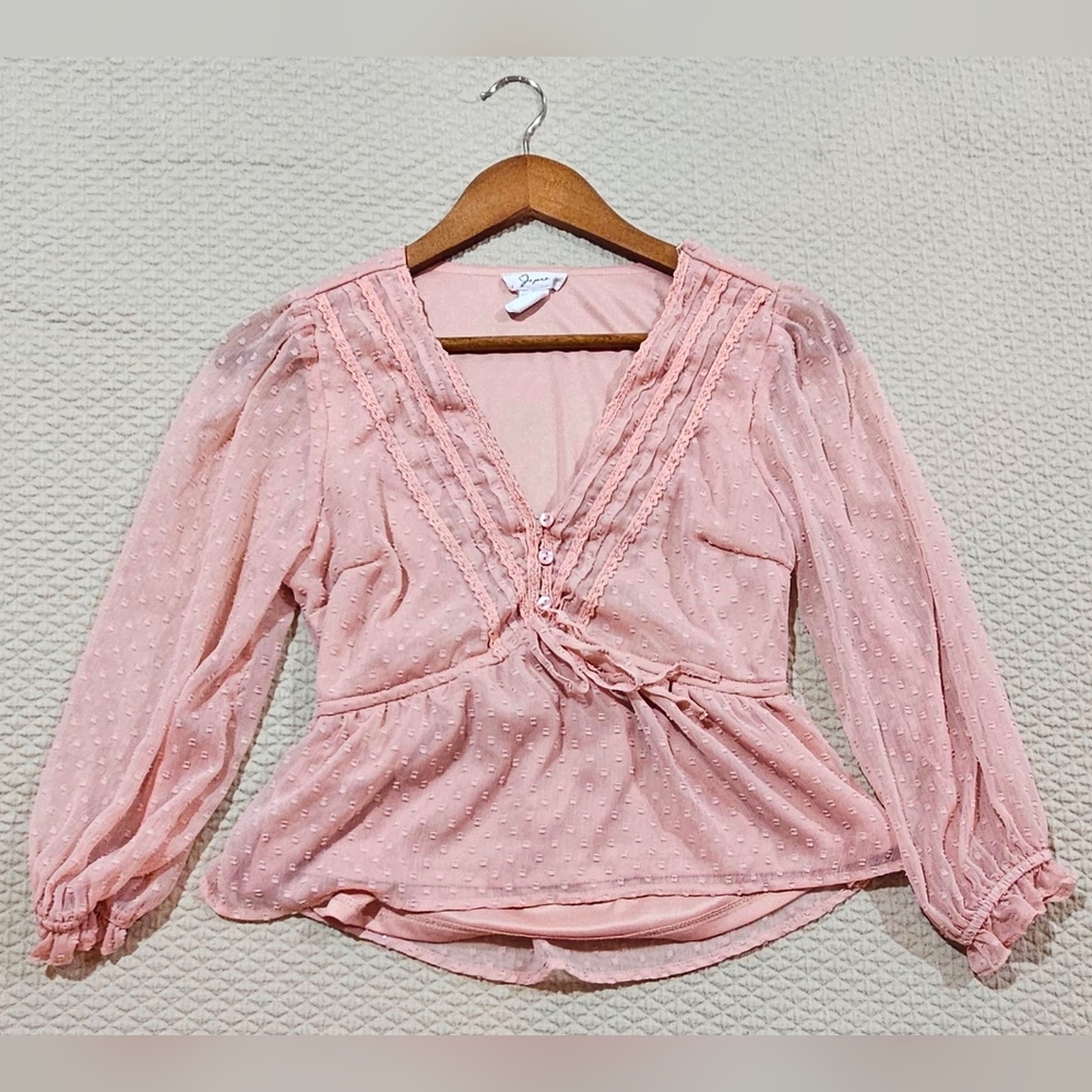 Japna Blush Pink Modern Ruffle‎ Lace Long Sleeve Peplum Blouse Size S